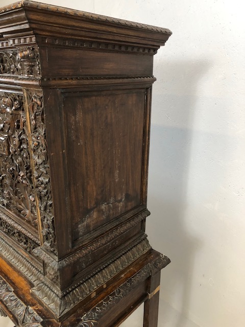 Heavily carved square cupboard on stand, carved with inscription "Venetia", cupboard with fall - Image 5 of 12
