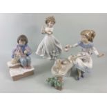 Lladro, porcelain figures being 010.08023, Room for Three, 06109, Meal time, 010.06941 Kittens