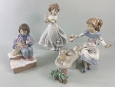 Lladro, porcelain figures being 010.08023, Room for Three, 06109, Meal time, 010.06941 Kittens