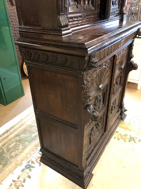 Dresser: late 19th century dark oak continental buffet cupboard, having extensive pictorial carved - Image 6 of 13