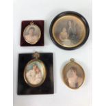 Antique miniature portraits, three hand tinted framed photographic portraits of ladies and a painted