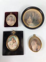 Antique miniature portraits, three hand tinted framed photographic portraits of ladies and a painted