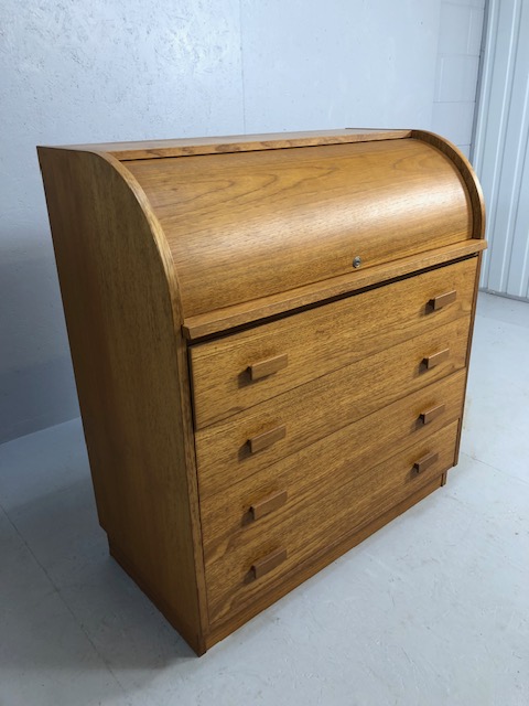 Mid century roll top desk by SM Utility furniture, run of four drawers with roll front desk - Image 2 of 6