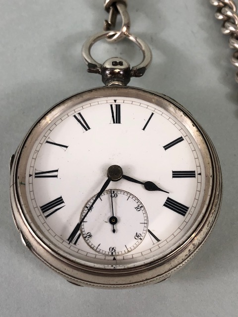 Silver, English Silver Hallmarked pocket watch with silver chain and pencil fob approximately 148.6g - Bild 2 aus 6