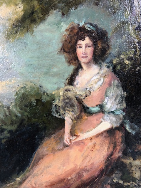 Paintings, 19th century style oil on canvas portrait of a lady sat in a country setting with - Image 3 of 7