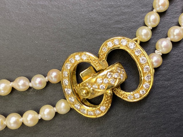 cultured pearls with 18ct gold and Diamond clasp, double strand necklace of graduated cultured - Image 2 of 7