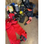 Collection of Suba diving equipment to include SCUBA tanks/ cylinders, Dry Suits, Regulators, weight