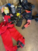 Collection of Suba diving equipment to include SCUBA tanks/ cylinders, Dry Suits, Regulators, weight