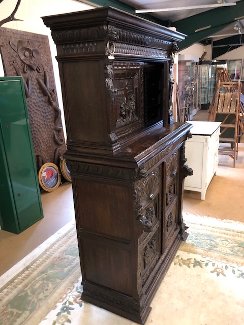 Dresser: late 19th century dark oak continental buffet cupboard, having extensive pictorial carved - Image 12 of 13
