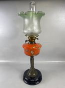 Antique Oil Lamp, Victorian brass lamp base and fittings with unusual art glass reservoir of green