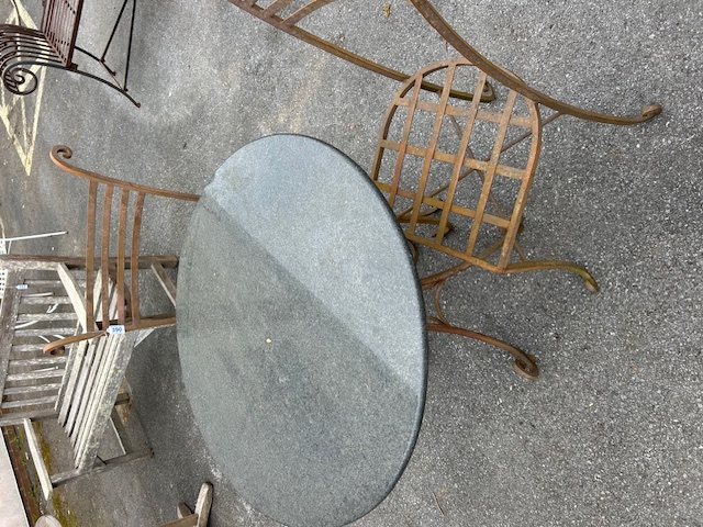 Marble topped Bistro table on wrought Iron curved legs with two wrought iron chairs - Image 5 of 5