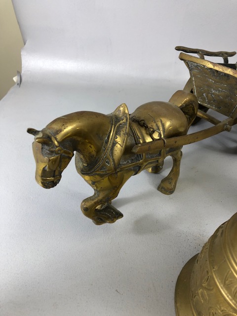 Vintage Brass ware, to include a pair of heavy horses pulling carts and Four bells, (the larger with - Image 5 of 9