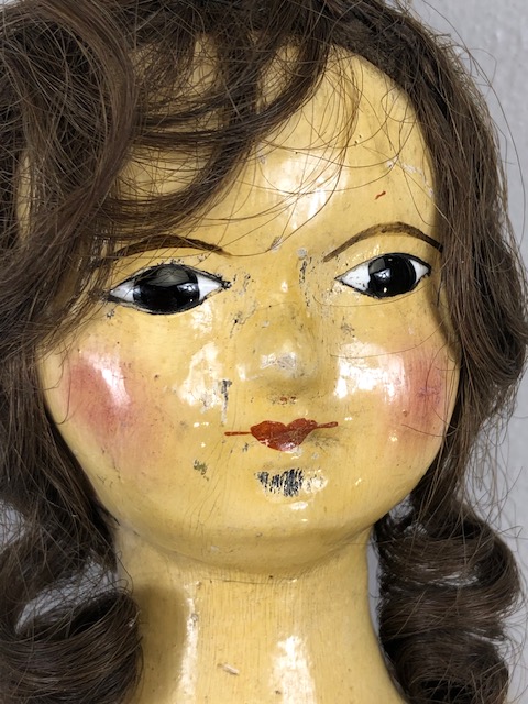 Antique doll, early 19th Century wood and cloth bodied doll with painted gesso face, silk clothes - Image 3 of 27