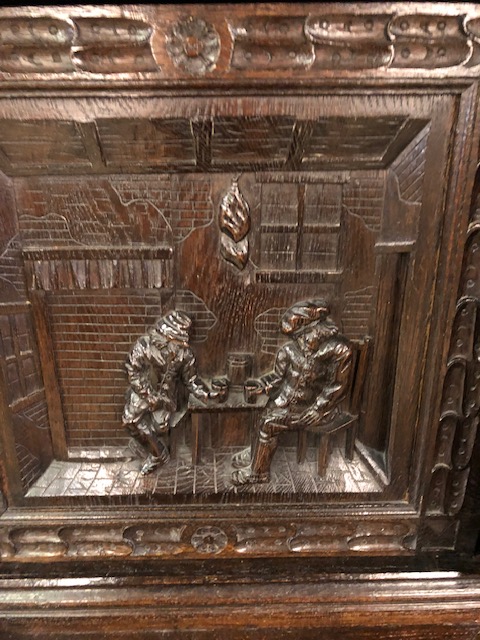 Dresser: late 19th century dark oak continental buffet cupboard, having extensive pictorial carved - Image 4 of 13