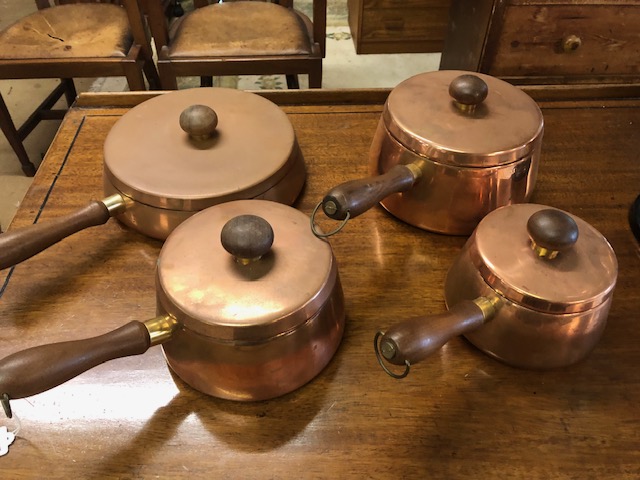 Vintage Retro mid century set of Copper pans with teak handles, comprising three sauce pans and