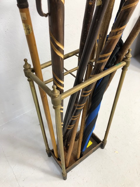 Collection of vintage walking sticks and hiking poles in a Victorian style brass stand 10 items - Image 3 of 12