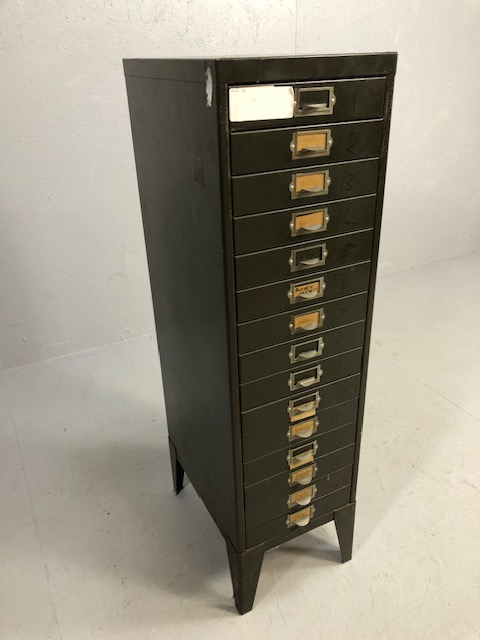 Vintage steel with dark green paint finish 15 drawer filing cabinet approximately 27 x 39 x 99 cm - Image 2 of 4