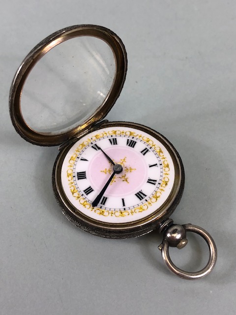 Silver hall marked ladies fob watches one half hunter style with white dial and Roman numerals, - Image 7 of 12