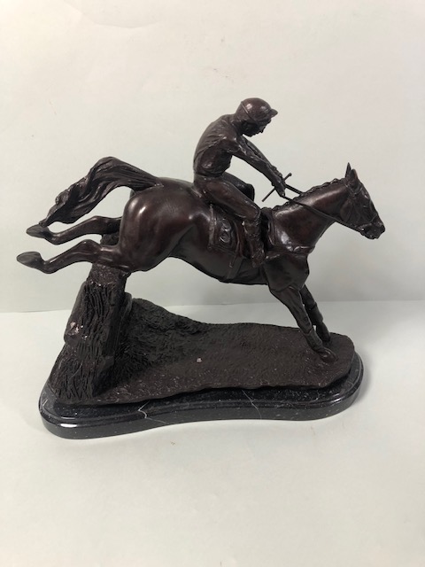 Bronze statue of a race horse and jockey jumping a fence, marble base approximate 32cm high - Image 4 of 7