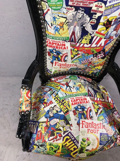 Antique style arm chair with a quirky twist, being upholstered in comic book design material - Image 5 of 15
