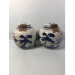 Pair of Blue and White Chinese ginger jars with paper labels, each approximately 22cm high