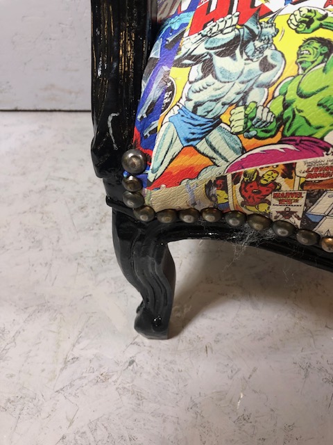 Antique style arm chair with a quirky twist, being upholstered in comic book design material - Image 6 of 15