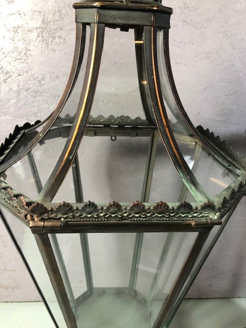 Pair of octagonal patinated metal framed lanterns each approximately 65cm high - Image 12 of 14