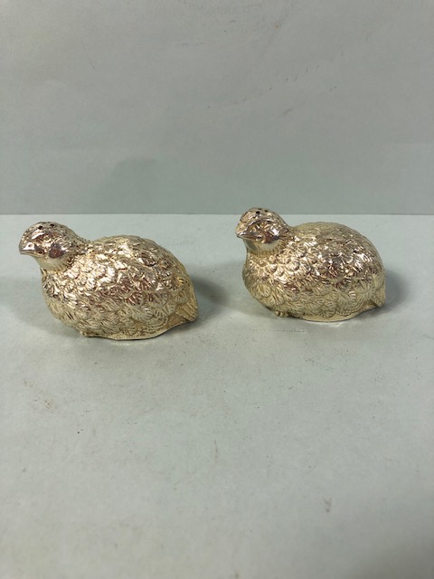 Pair of silver finish metal Partridge chick salt and peppers