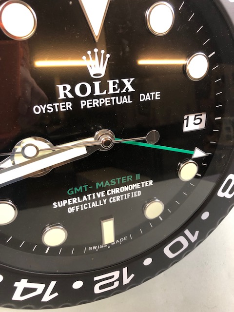 Rolex style dealership wall clock GMT Master approximately 34cm across battery movement - Image 2 of 5