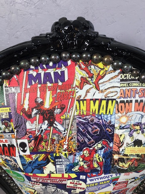 Antique style arm chair with a quirky twist, being upholstered in comic book design material - Image 4 of 15