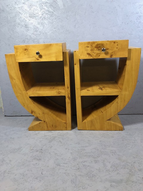 Pair of Art Deco style Bur Maple bedside or occasional tables with single drawer and shelf each