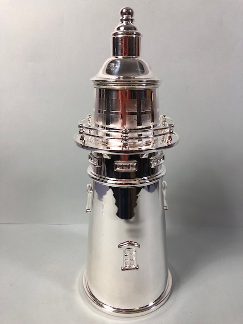 Light House shaped polished metal cocktail shaker approximately 34cm high