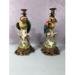 Pair of ceramic parrot candle holders with brass mounts created in an early 18th Century French