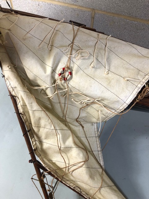 Wooden model of a Sailing yacht, complete with stand, in need of repairs ( masts an keel ) - Image 4 of 10