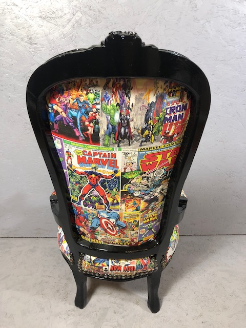 Antique style arm chair with a quirky twist, being upholstered in comic book design material - Image 10 of 15