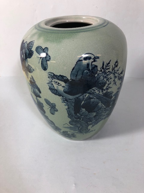 Oriental style vase with designs of birds and flowers, in a blue/green glaze approximately 24cm - Image 5 of 8