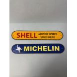 Two cast Iron and painted advertising signs Michelin Tyres, Shell Motor spirit both approximately