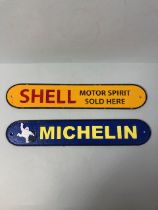 Two cast Iron and painted advertising signs Michelin Tyres, Shell Motor spirit both approximately