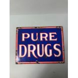 Enamel rectangular advertising sign PURE DRUGS approximately 36 x 29 cm