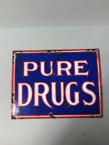 Enamel rectangular advertising sign PURE DRUGS approximately 36 x 29 cm