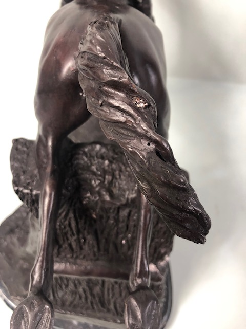 Bronze statue of a race horse and jockey jumping a fence, marble base approximate 32cm high - Image 6 of 7