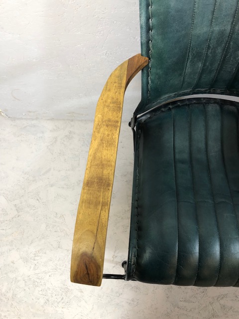 Contemporary style metal framed arm chair with blue green leather upholstery matches previous lot - Image 3 of 14