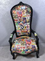 Antique style arm chair with a quirky twist being upholstered in comic book material