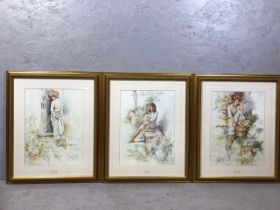 Trio of framed prints by Gordon King, Sitting Pretty, Miss Mischief, Flowers and Smiles, each