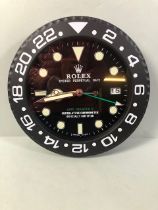 Rolex style dealership wall clock GMT Master approximately 34cm across battery movement