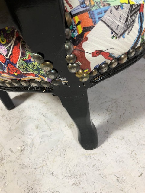 Antique style arm chair with a quirky twist, being upholstered in comic book design material - Image 12 of 15