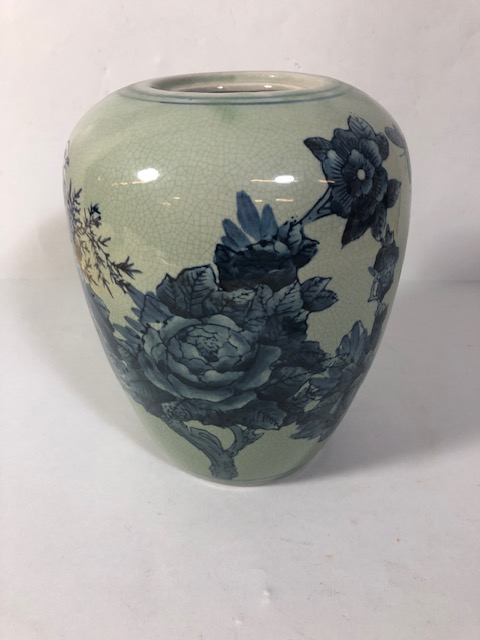 Oriental style vase with designs of birds and flowers, in a blue/green glaze approximately 24cm - Image 4 of 8