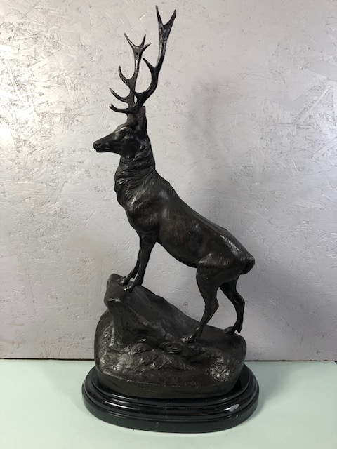 Large bronze stag on a marble base facing Right approximately 73cm high