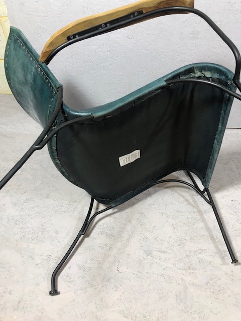 Contemporary style metal framed arm chair with blue green leather upholstery matches previous lot - Image 10 of 14
