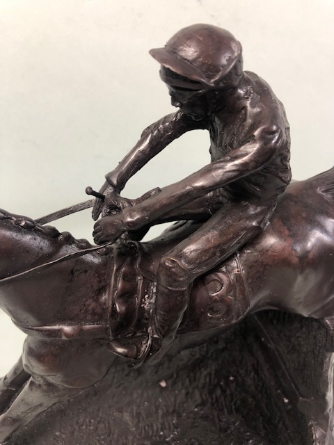 Bronze statue of a race horse and jockey jumping a fence, marble base approximate 32cm high - Image 2 of 7